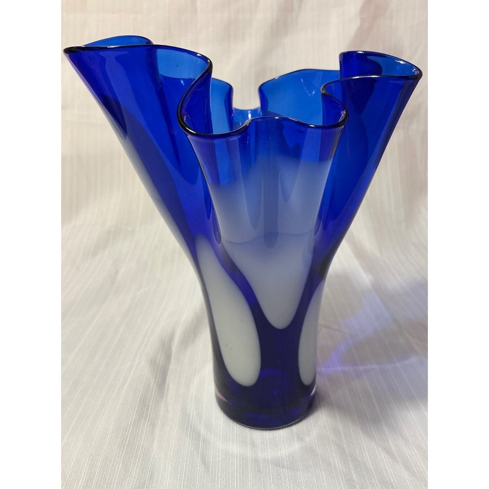 Art Glass Vase 9" Cobalt Blue White Spots Ruffled Top Hand-Blown Murano Style